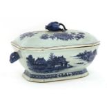 A Chinese blue and white tureen and cover,18th century, the cover with a pomegranate finial within a
