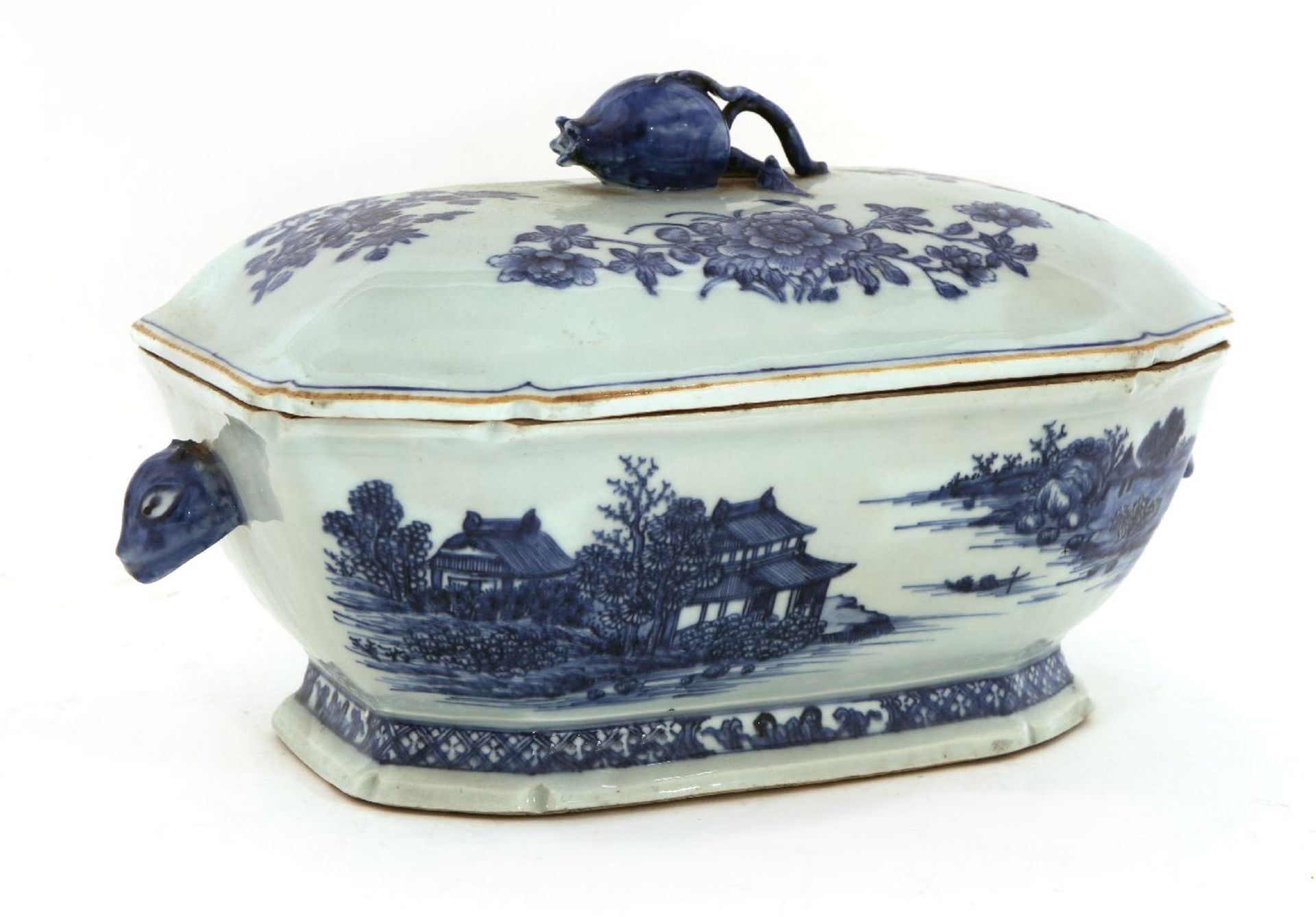 A Chinese blue and white tureen and cover,18th century, the cover with a pomegranate finial within a