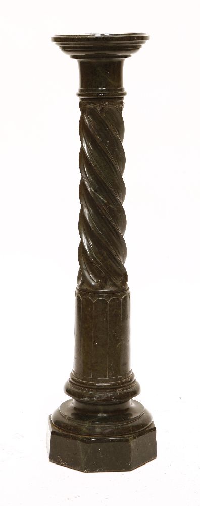 A variegated green marble column, 19th century, spirally turned on an octagonal base