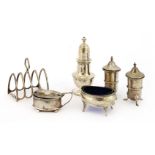 A mixed lot of silver items,various dates and makers,comprising:a pair of pepper pots,a small five-
