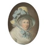 Samuel Cotes (1734-1818)PORTRAIT OF A LADY, BUST LENGTH IN A BONNET WITH A BLUE RIBBONSigned and