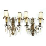 A pair of brass twin-branch wall lights, with glass drops, 37cm high (2)