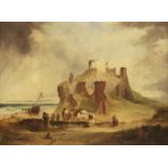 English School, mid-19th centuryA COASTAL LANDSCAPE WITH A CASTLE AND WINDMILL, FIGURES AND HORSES