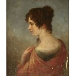 English School, early 19th centuryPORTRAIT OF A LADY IN PROFILE, IN A RED WRAPOil on canvas laid