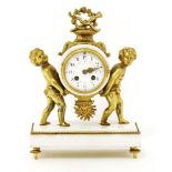 A French white marble and gilt spelter mantel clock,19th century, the drum movement with a painted