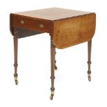 A George III strung mahogany Pembroke table,the crossbanded drop-leaf top over a frieze drawer and