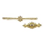 A Victorian gold split pearl bar brooch, a central floral cluster of graduated split pearls, to a