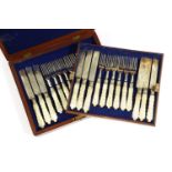 A cased set of twelve Edwardian silver-plated and mother-of-pearl fruit knives and forks,by Walker &