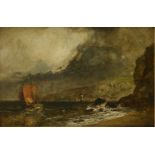 Henry Dawson (1811-1878)A COASTAL LANDSCAPE WITH A FISHING BOATSigned with monogram l.r., oil on
