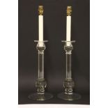 A pair of modern glass candlestick table lamps and shades,66cm high (2)