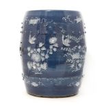 A Chinese blue and white garden seat,20th century, of barrel form, painted with flowers, birds and