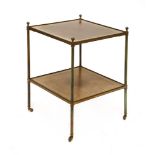 A brass two-tier stand,the leather-lined tiers on turned supports,43cm square59cm high