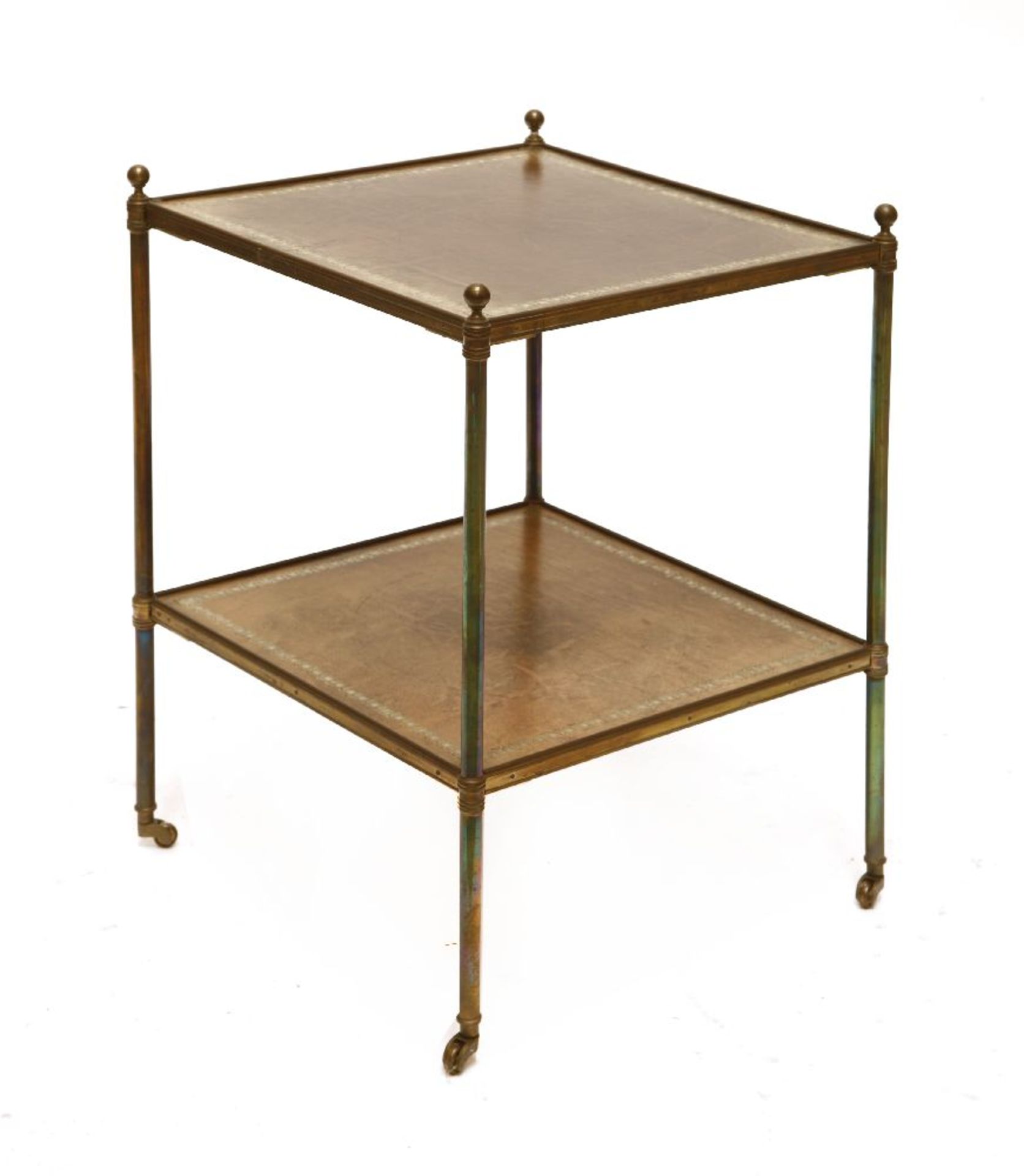 A brass two-tier stand,the leather-lined tiers on turned supports,43cm square59cm high