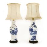 Two Chinese blue and white baluster vases,19th century, converted to table lamps, each with a six-