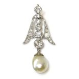 A pearl and diamond pendant,with a pearl drop suspended from an articulated line of graduated old