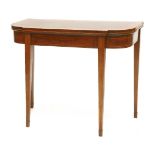 A George III strung mahogany fold-over card table,the breakfront 'D' shaped top with broad satinwood