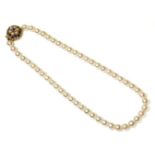 A single row uniform cultured pearl necklace,with a 9ct gold three row amethyst and cultured pearl