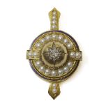 A Victorian gold diamond and pearl shield form locket pendant,a circular landscape shield form