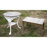 A painted iron pub table,with a weathered stone top,63.5cm diameter, anda teak table (2)