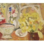 Modern British School A STILL LIFE OF DAFFODILS IN A VASE, A BOWL AND A DISH ON A TABLEGouache51 x