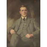 English School, 20th centuryPORTRAIT OF A GENTLEMAN, THREE-QUARTER LENGTH SEATED, IN A GREEN SUITOil