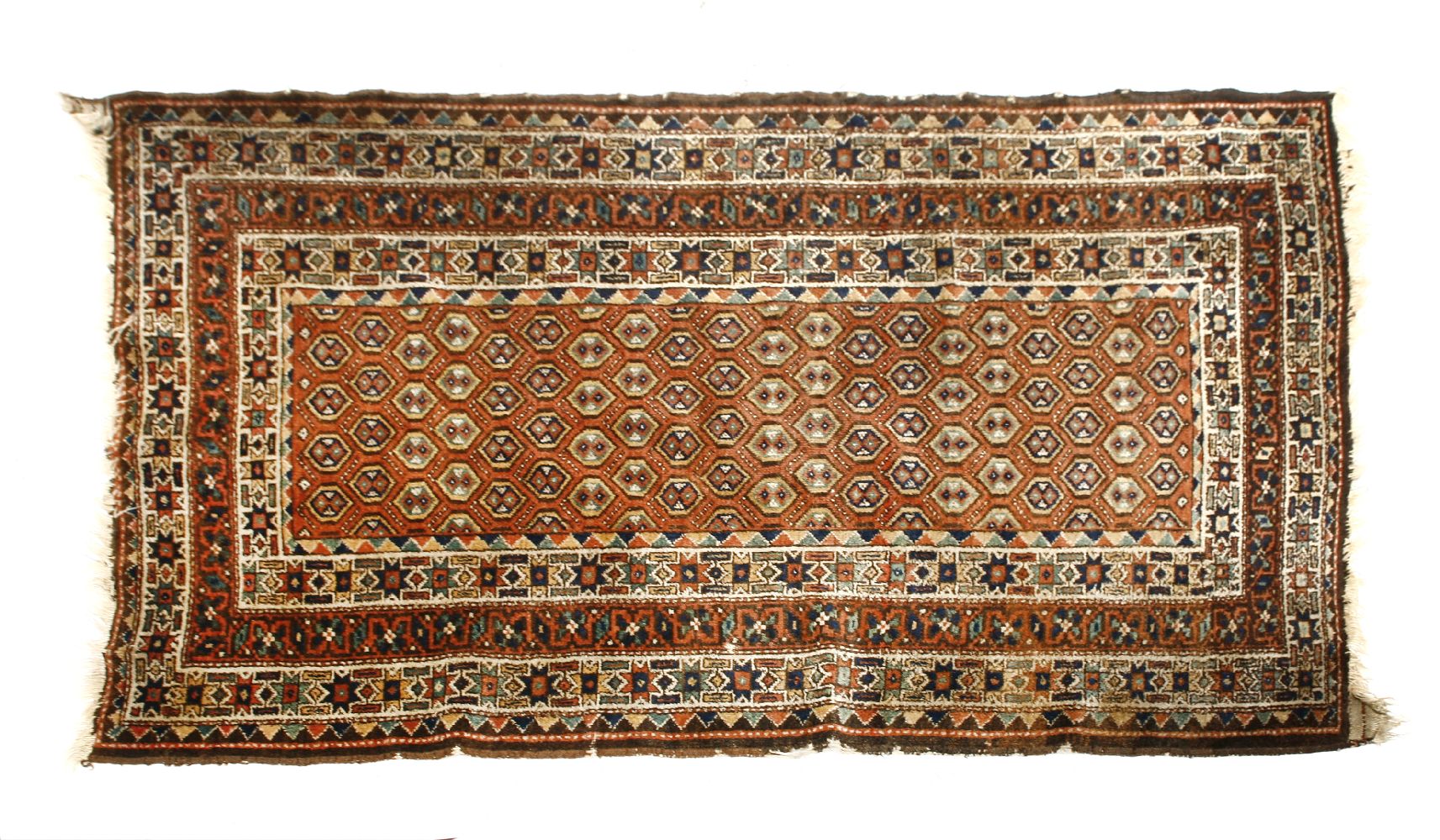 A Kurdish rug, 20th century, with geometric motifs, on a rust-coloured field with multiple borders,