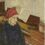 *Olwyn Bowey RA (b.1936)A WOMAN SITTING AT A PIANOSigned l.r., oil on board29.5 x 29.5cm*Artist's