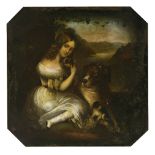 English School, 19th centuryPORTRAIT OF A YOUNG LADY AND HER PET DOGS IN AN ARBOUROil on panel