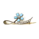 A French turquoise and diamond forget-me-not spray brooch,composed of an old Swiss cut diamond
