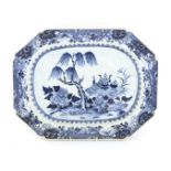 A Chinese blue and white rectangular platter,18th century, painted with a table and garden,36.5cm