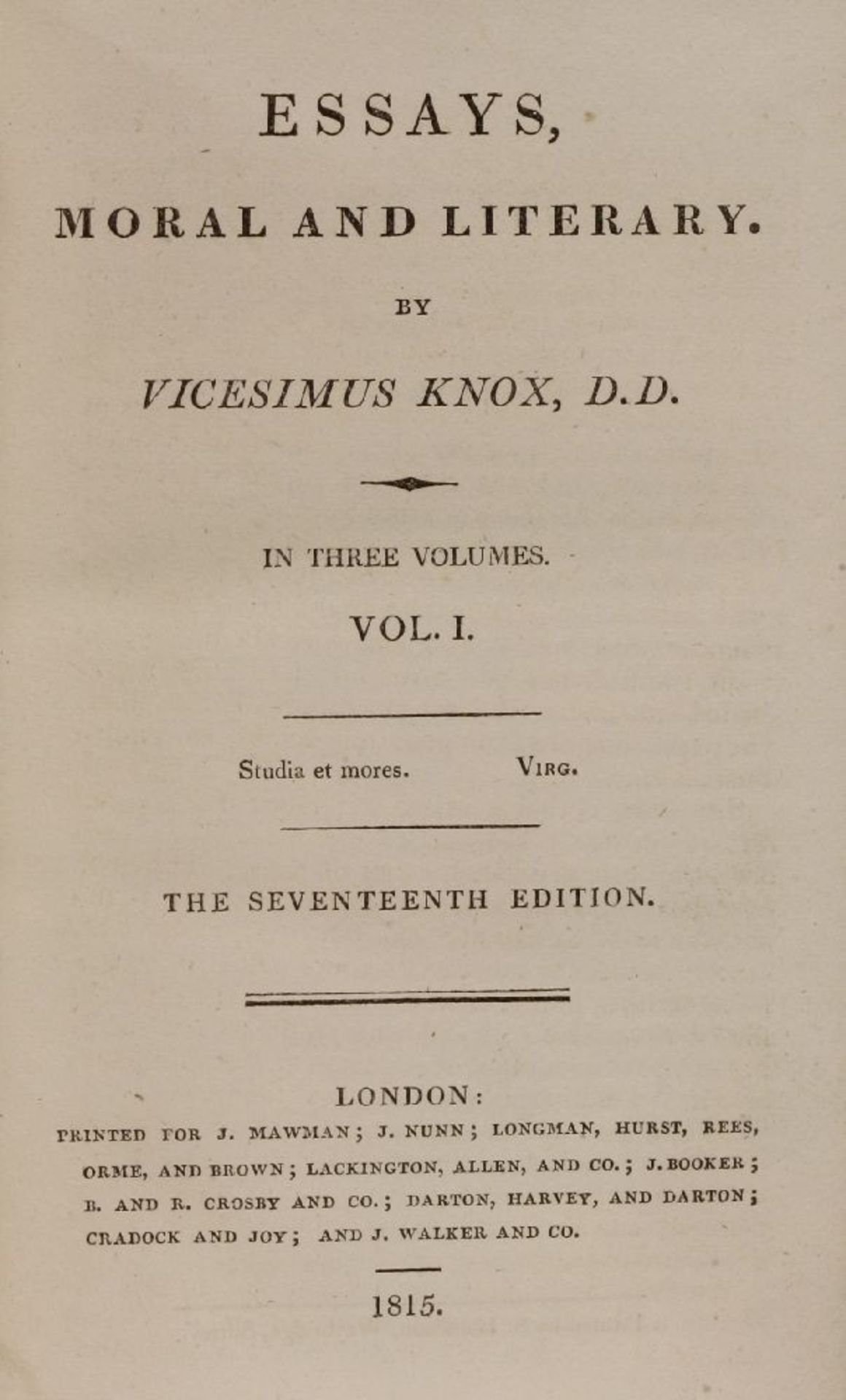 1- Knox, V: Essays Moral & Literary. In 3 vols. For J Mawman, et al, 1815, 7th. edn. half leather; - Bild 4 aus 4