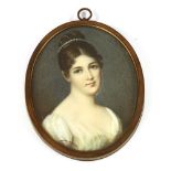 English School, early 19th centuryPORTRAIT OF A YOUNG LADY, BUST LENGTH, IN A WHITE DRESSMiniature