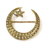 A Victorian gold split pearl crescent and star brooch,a border of two row graduated split pearls,