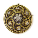 A Victorian gold, diamond and enamel circular domed brooch, a floral cluster of old European cut and