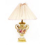 A Derby porcelain vase/table lamp,1820s, of urn shape with scrolled handles, painted with a broad