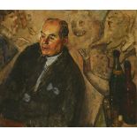 *Carel Weight RA (1908-1997)PORTRAIT OF J L PAVIA, HALF-LENGTH SEATED, WITH WINE BOTTLESverso