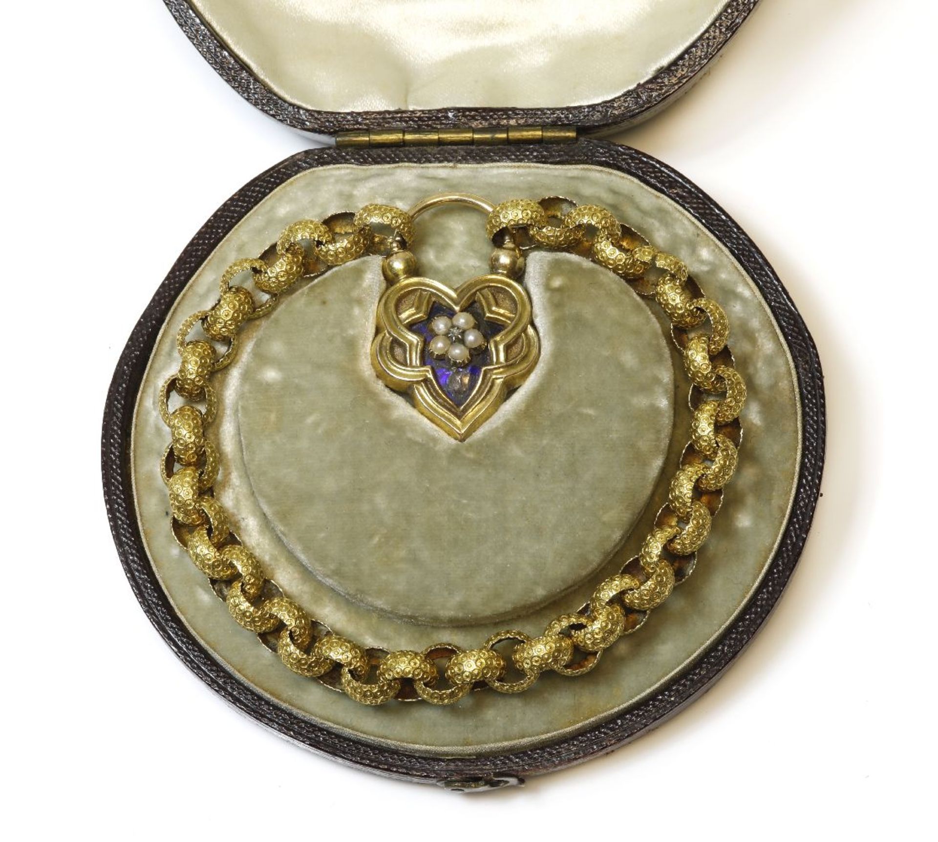 A cased gold belcher chain, with an enamel, diamond and seed pearl padlock clasp, a raised impressed