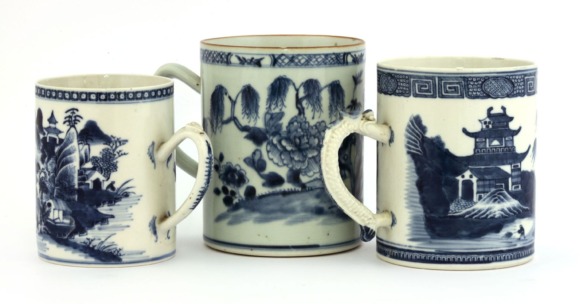 Three Chinese blue and white tankards,18th century, of cylindrical shape, two painted with watery - Image 2 of 2