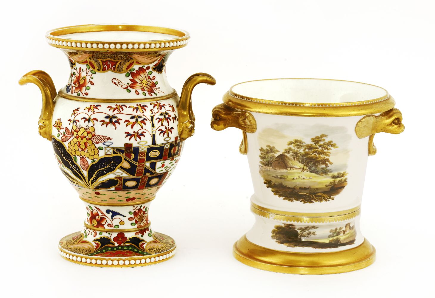 A Spode baluster vase,1805-1833, the gilt loop handles with mask terminals over a pedestal base, - Image 2 of 2