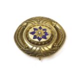 A Victorian gold Etruscan Revival style shield brooch, c.1860,a raised boss, star set, single