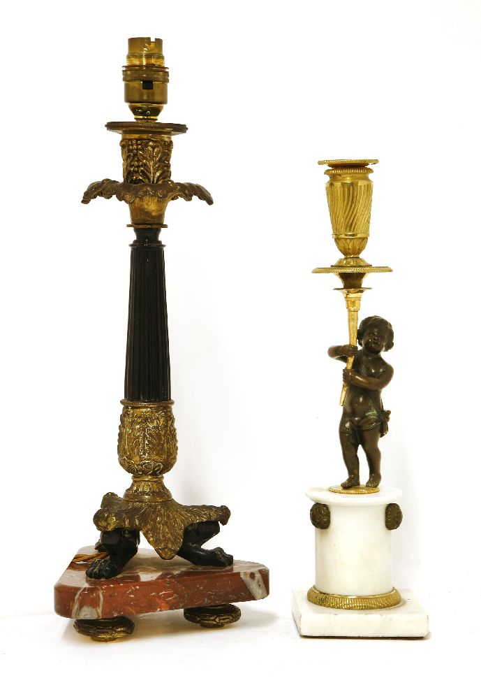 A Regency bronze candlestick/table lamp and shade,with cast decoration, a painted column, three