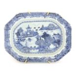 A Chinese blue and white rectangular platter,18th century, painted with a watery landscape with a