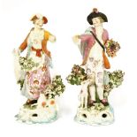A pair of Derby figures,late 18th century, a shepherd and shepherdess, she with a bouquet of flowers