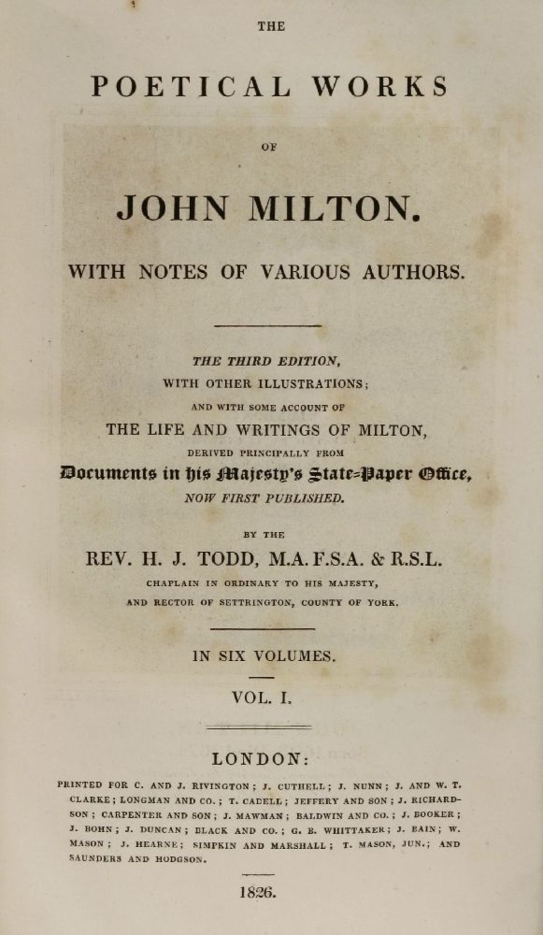 (BINDING): 1- Milton, John; Rev H.J. Todd: The Poetical Works of John Milton, with Notes of - Image 2 of 3