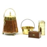 A copper and brass coal scuttle together with a jam pan and a Chippendale tea caddy and a brass