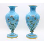 A pair of Victorian turquoise glass vases with enamel flower and dragonfly decoration, 43cm high