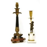 A Regency bronze candlestick/table lamp and shade, with cast decoration, a painted column, three paw