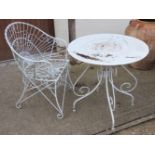 A Regency style wirework conservatory chair, together with a white metal garden table, 72cm diameter
