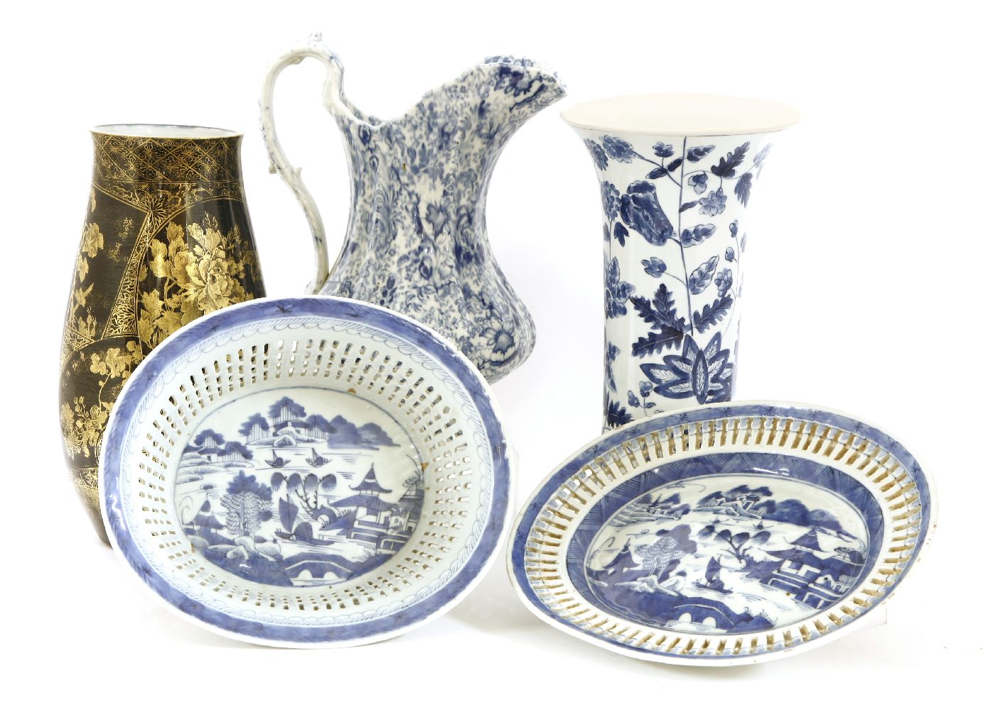 A Victorian pottery blue and white printed ewer, 28cm high; a modern Chinese blue and white basket - Image 2 of 2