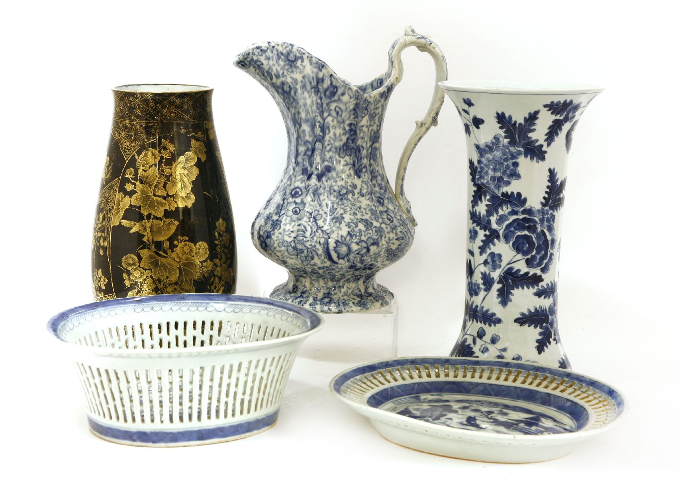 A Victorian pottery blue and white printed ewer, 28cm high; a modern Chinese blue and white basket